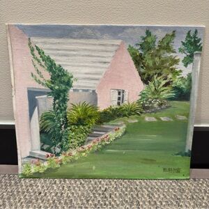 Charming Pink House Bermuda Oil Painting 12 X 14 Inches